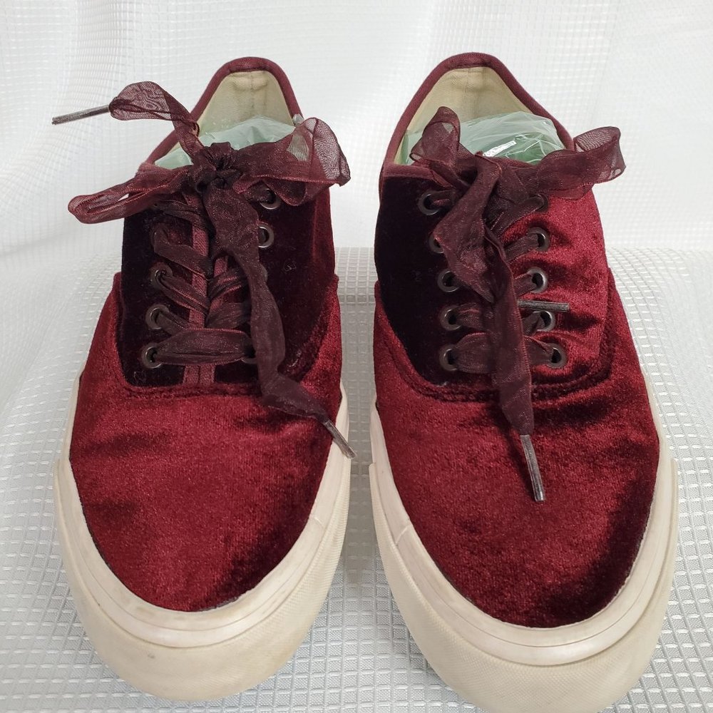 J.Crew SeaVees Womens Sz 8.5 Sneakers Legend Burgundy Velvet Sheer Ribbon Laces - Picture 3 of 9